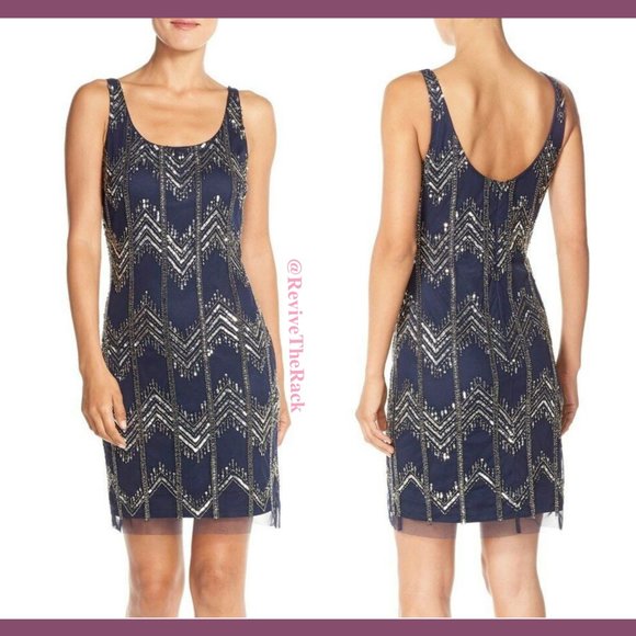 NEW Adrianna Papell Chevron Beaded Mesh Tank Dress in Navy [SZ 0 ]‎ - Picture 2 of 9